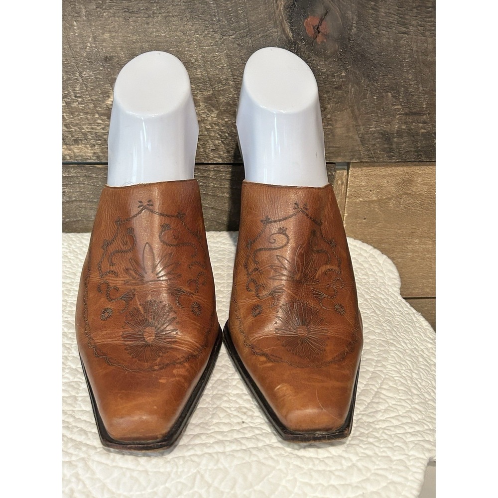 Antonio Melani 10 Brown‎ Tooled Brown Leather Western Mules